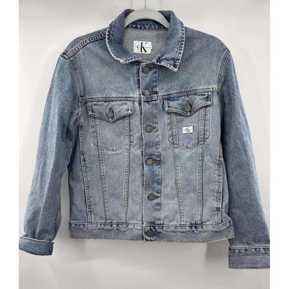 Y2K Calvin Klein Jeans Denim Jacket Men's‎ M Logo Blue Long Sleeve Sandblast
